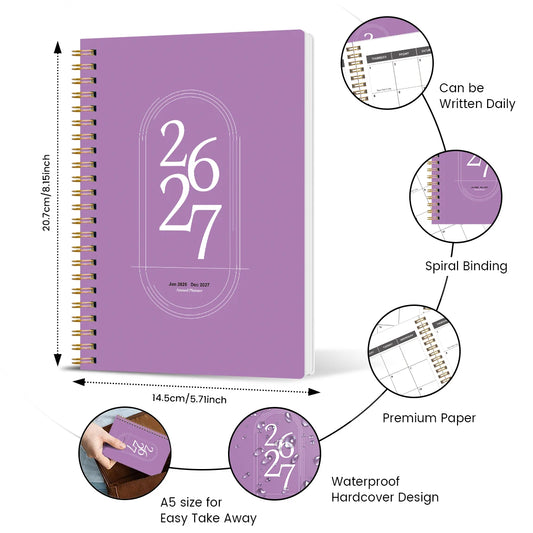 TREES Notebook Promotion 2026-2027 A5 Weekly & Monthly Planner ,Gold coil binding, purple minimalist notebook