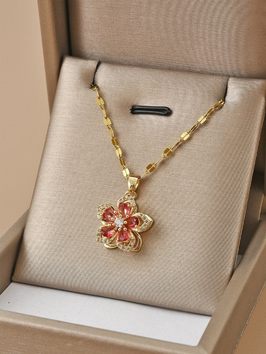 1pc Stainless Steel 5-Petal Rotating Flower Necklace