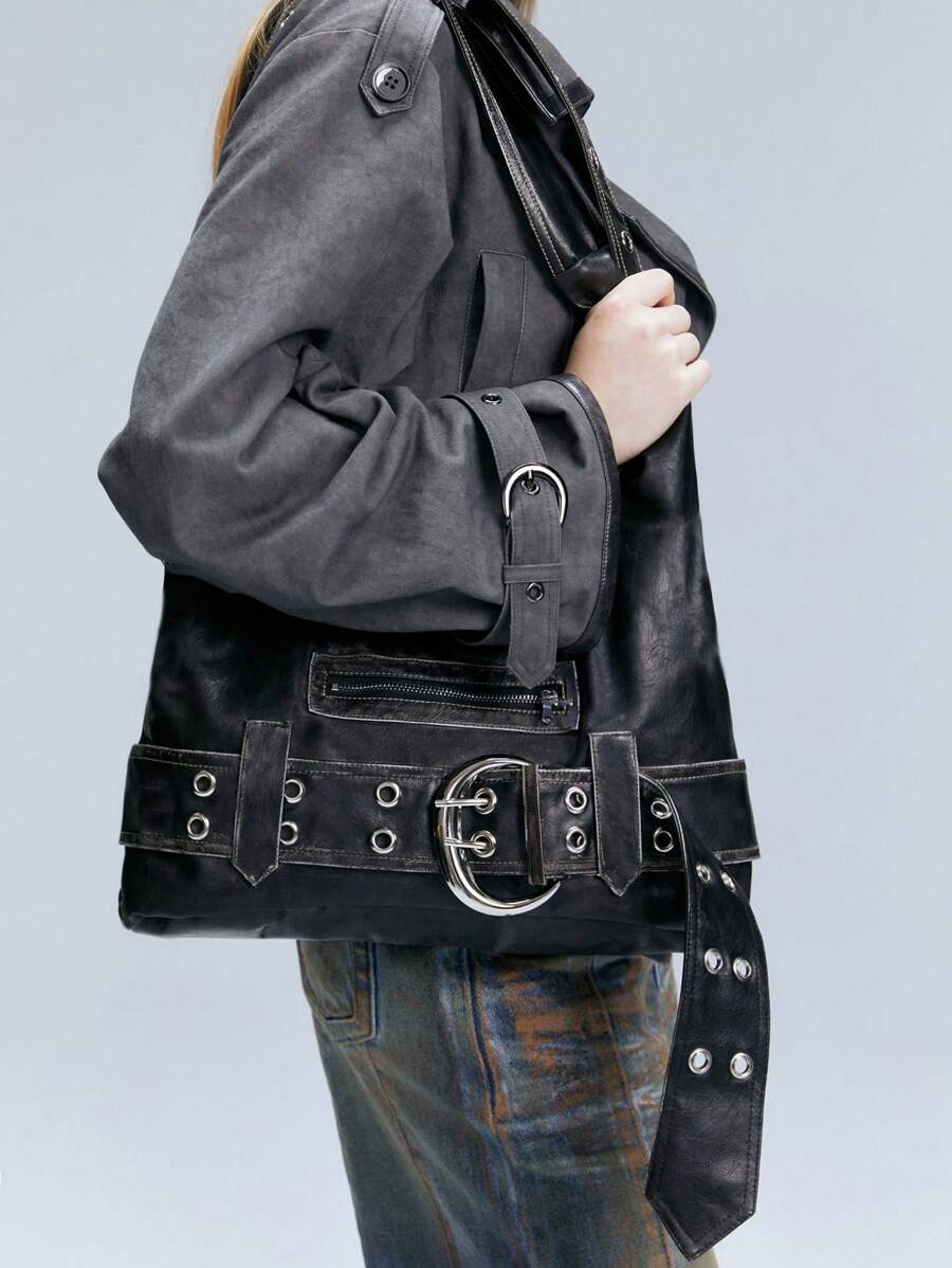 Multi-Strap Metal Decor Casual Distressed Faux Leather Shoulder Underarm Bag