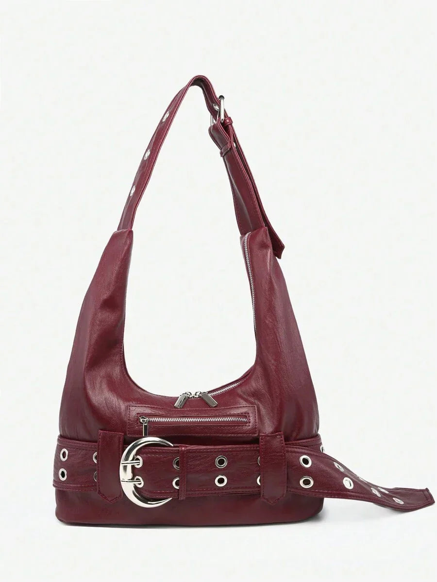 Multi-Strap Metal Decor Casual Distressed Faux Leather Shoulder Underarm Bag