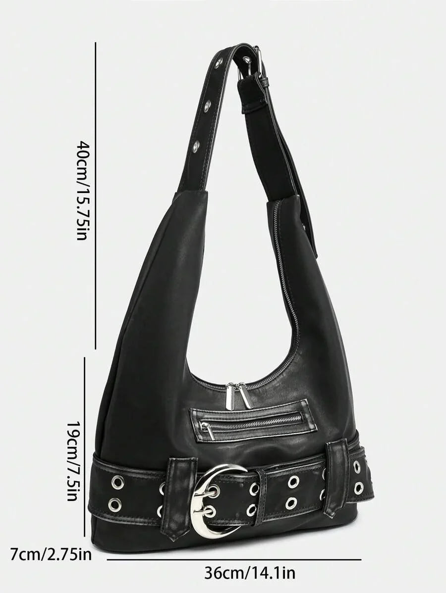 Multi-Strap Metal Decor Casual Distressed Faux Leather Shoulder Underarm Bag