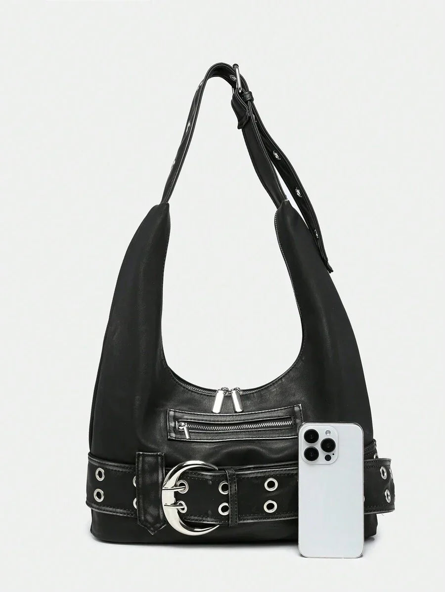 Multi-Strap Metal Decor Casual Distressed Faux Leather Shoulder Underarm Bag