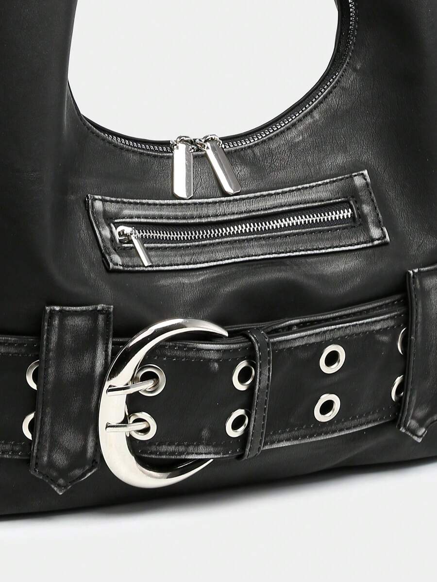 Multi-Strap Metal Decor Casual Distressed Faux Leather Shoulder Underarm Bag