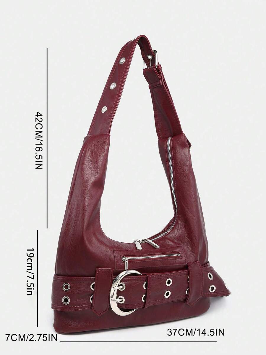 Multi-Strap Metal Decor Casual Distressed Faux Leather Shoulder Underarm Bag