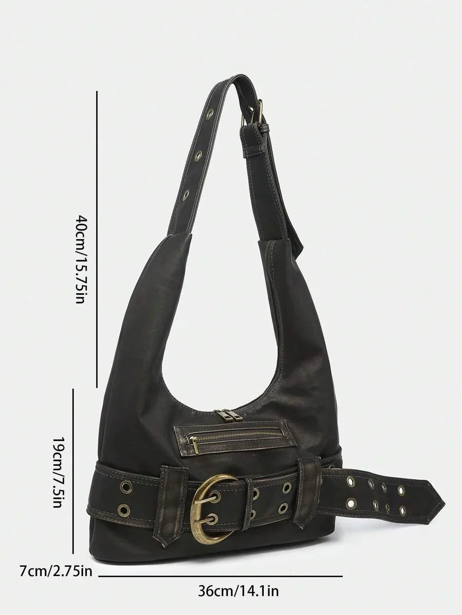Multi-Strap Metal Decor Casual Distressed Faux Leather Shoulder Underarm Bag