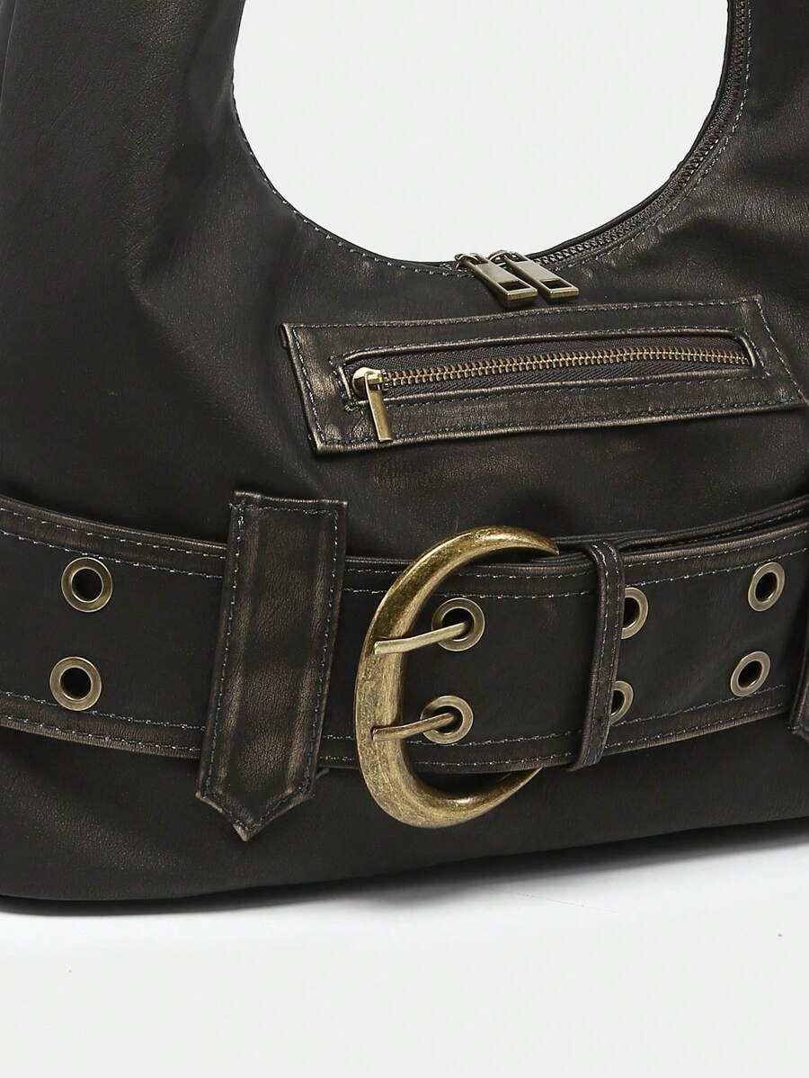 Multi-Strap Metal Decor Casual Distressed Faux Leather Shoulder Underarm Bag