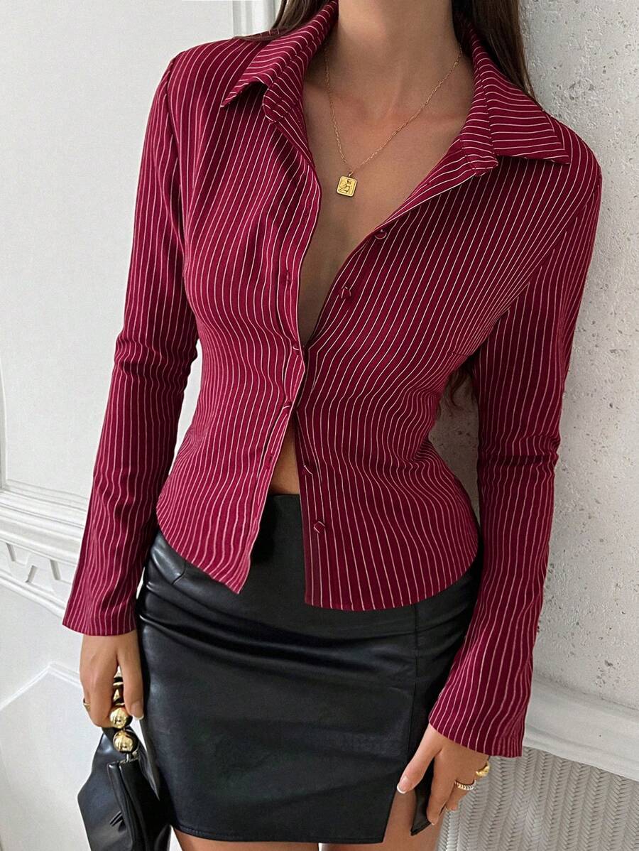 Women Striped Long Sleeve Work Shirt