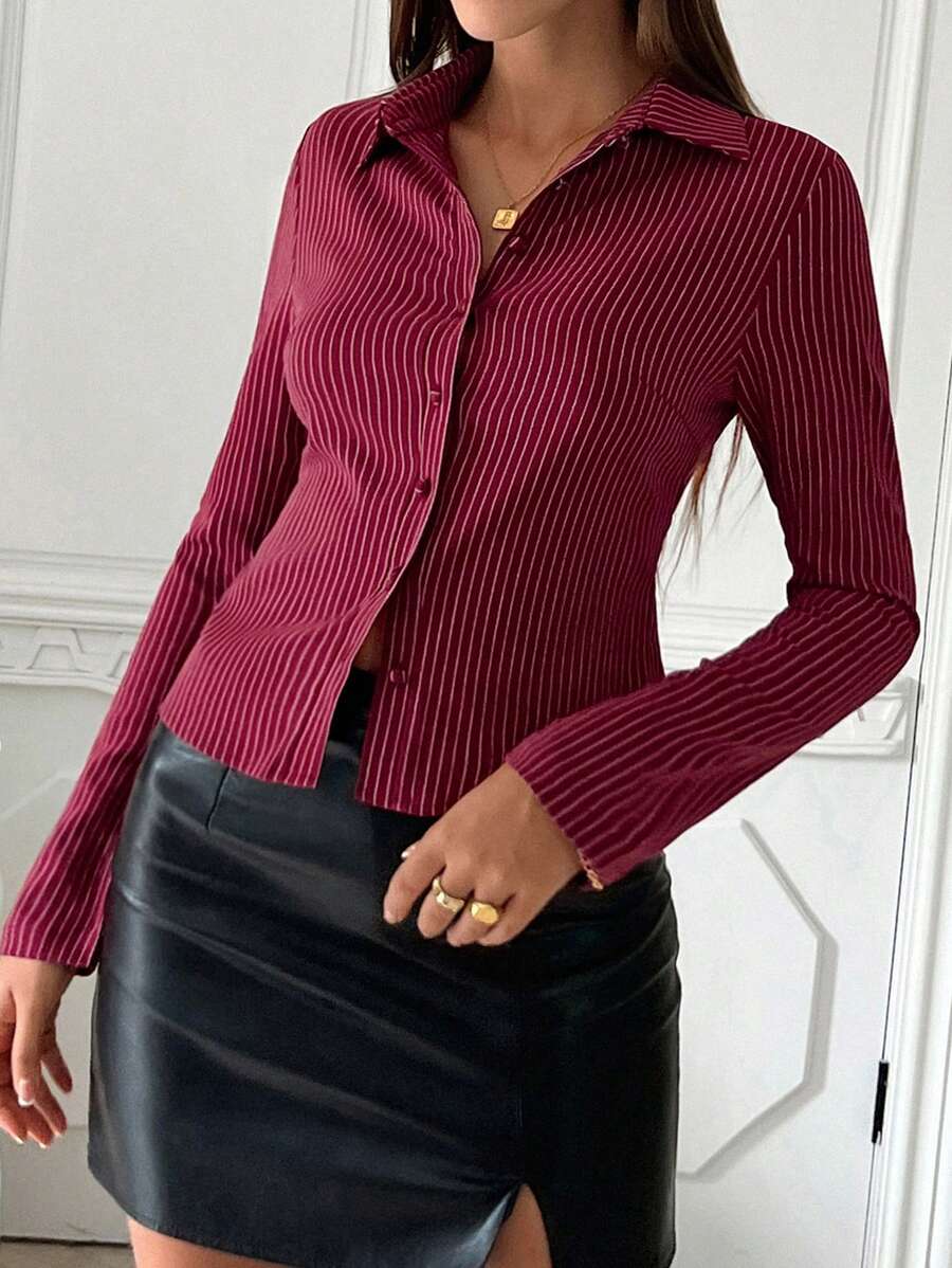 Women Striped Long Sleeve Work Shirt