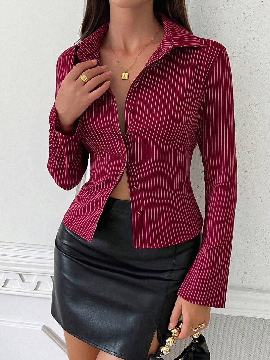 Women Striped Long Sleeve Work Shirt