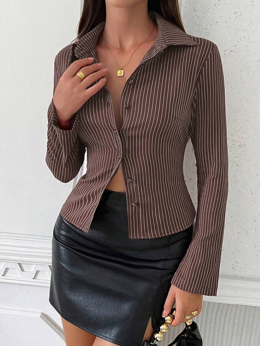 Women Striped Long Sleeve Work Shirt