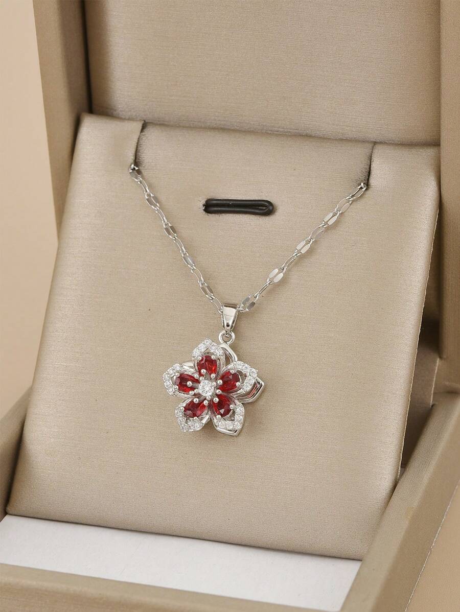 1pc Stainless Steel 5-Petal Rotating Flower Necklace