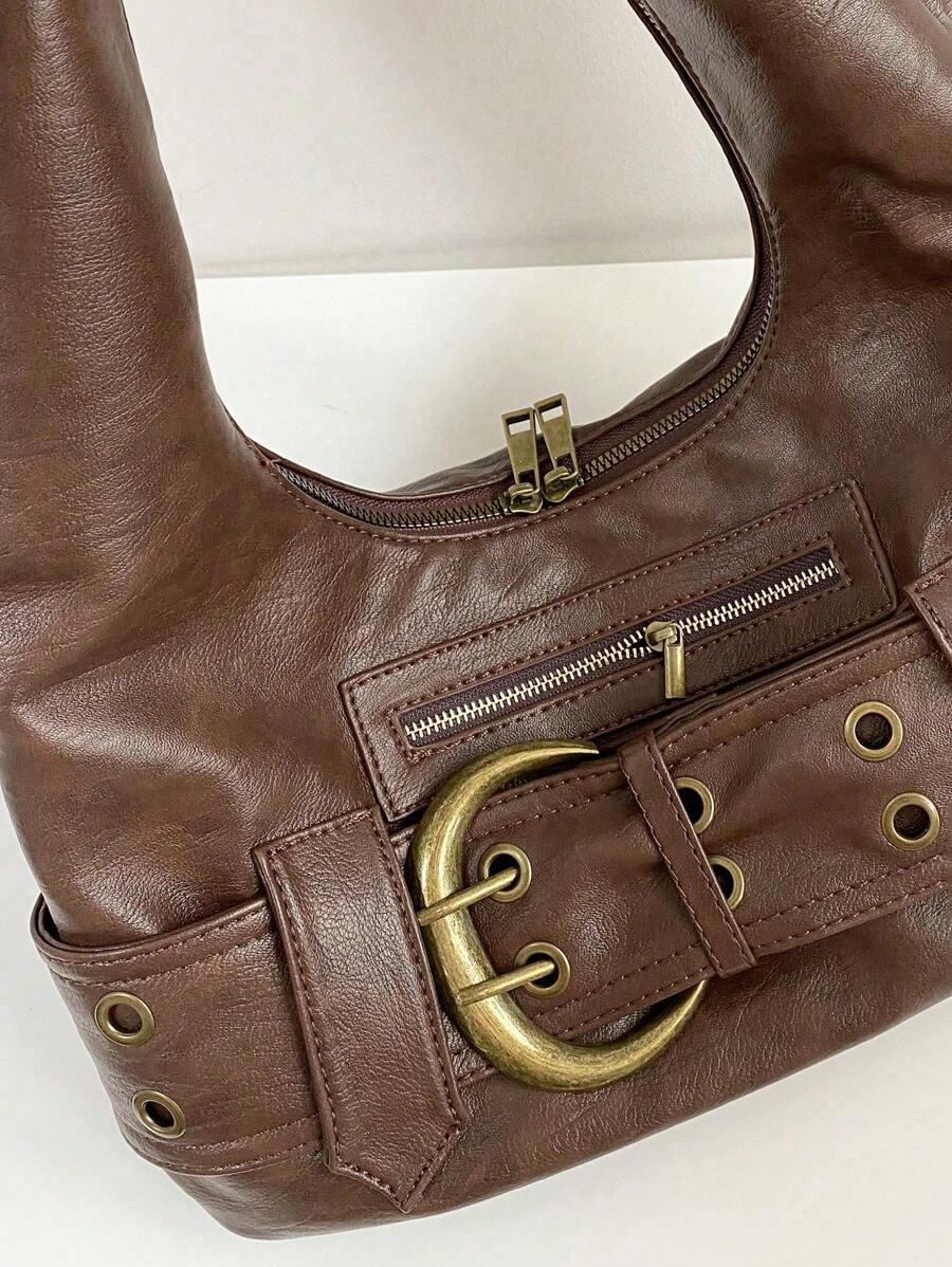 Multi-Strap Metal Decor Casual Distressed Faux Leather Shoulder Underarm Bag