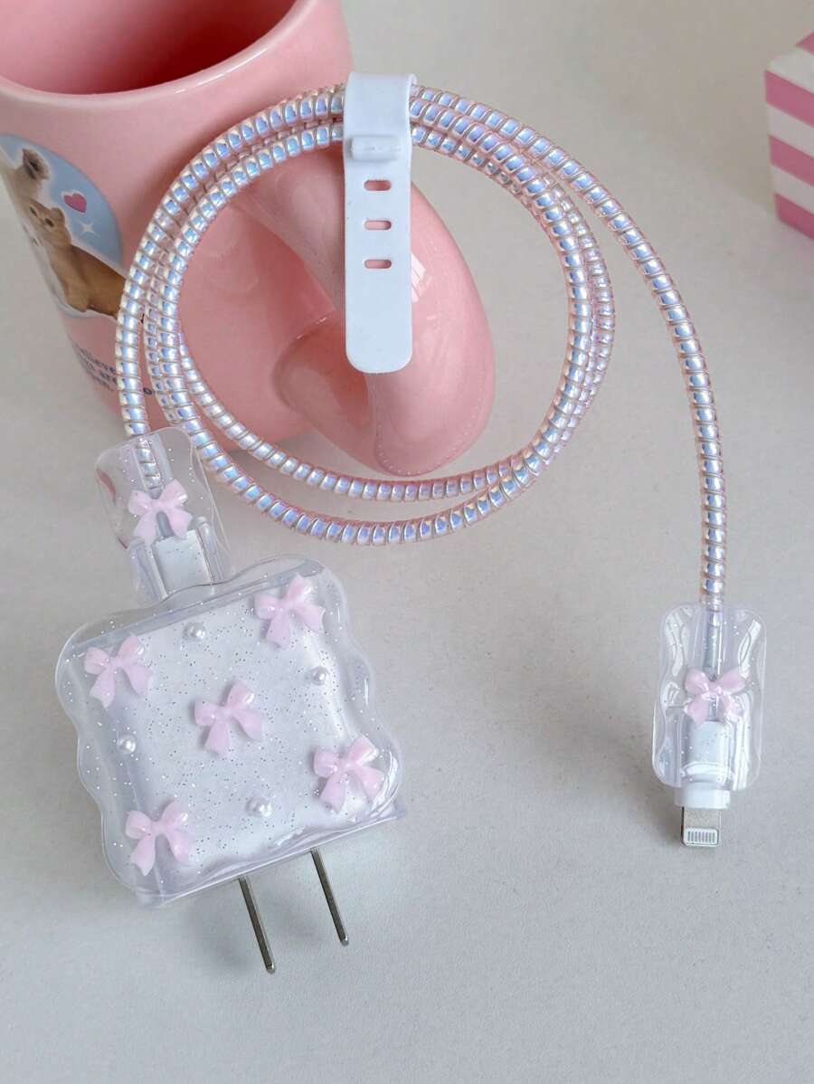 Purple Bow & White Pearl Design Charging Accessory Set
