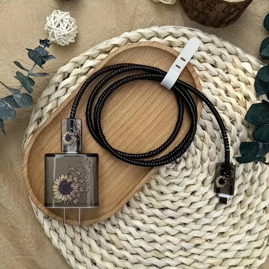 Printed Butterfly & Sunflower Design TPU Charging Cable Protector Case