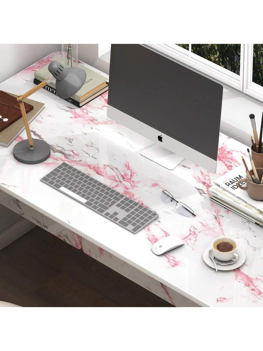 1 Roll Pink/White Glossy Marble Peel And Stick Wallpaper