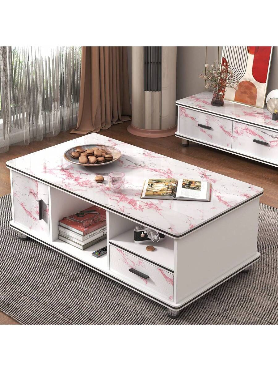 1 Roll Pink/White Glossy Marble Peel And Stick Wallpaper