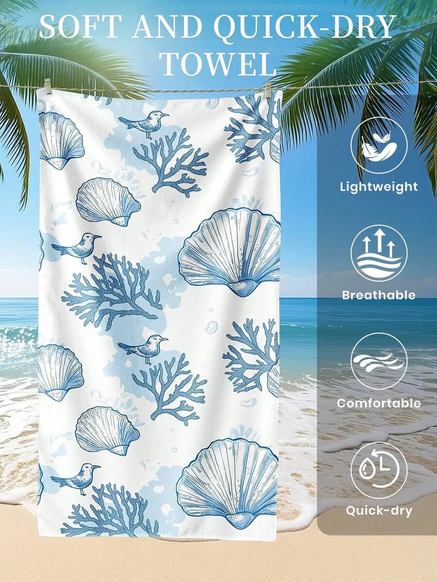 Blue Shell Print Beach Towel, Swimming Towel
