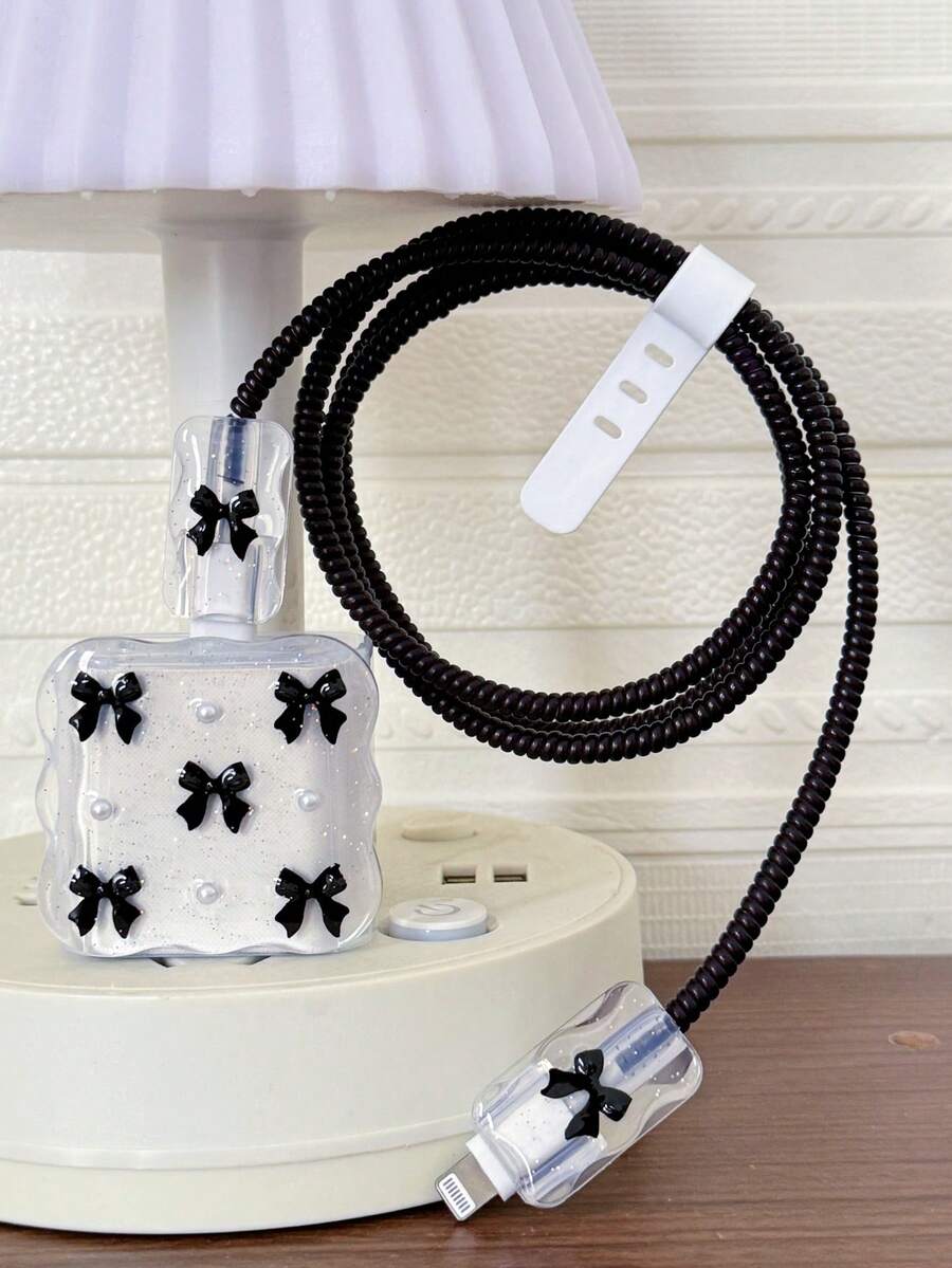 Purple Bow & White Pearl Design Charging Accessory Set