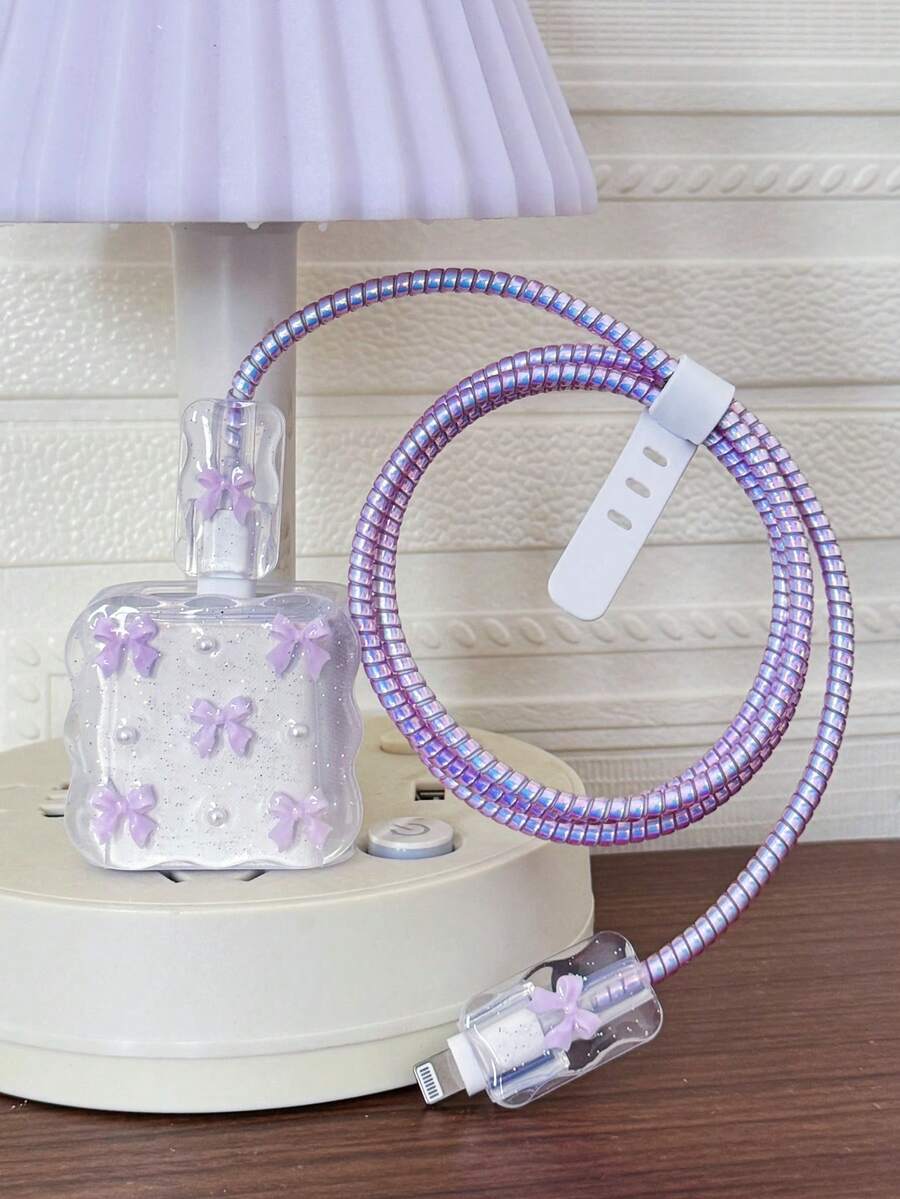 Purple Bow & White Pearl Design Charging Accessory Set