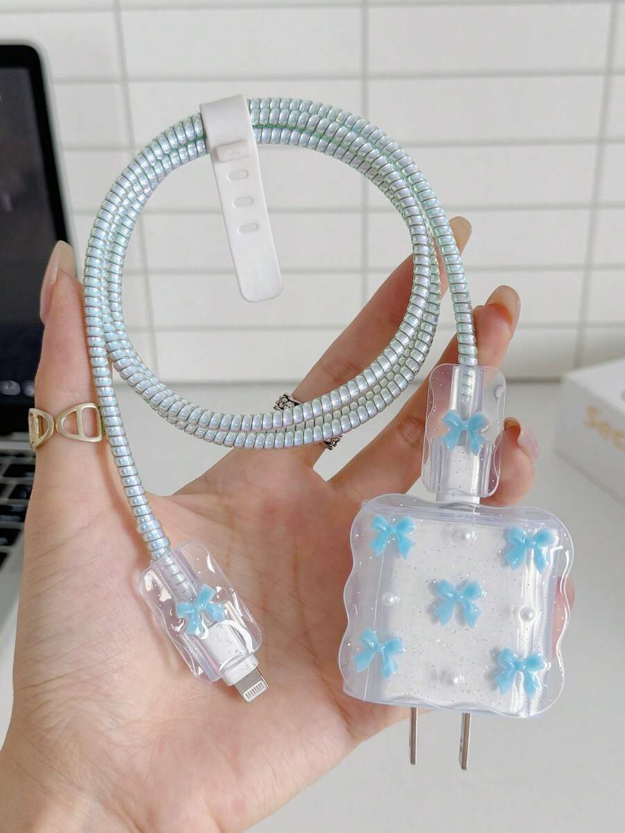 Purple Bow & White Pearl Design Charging Accessory Set