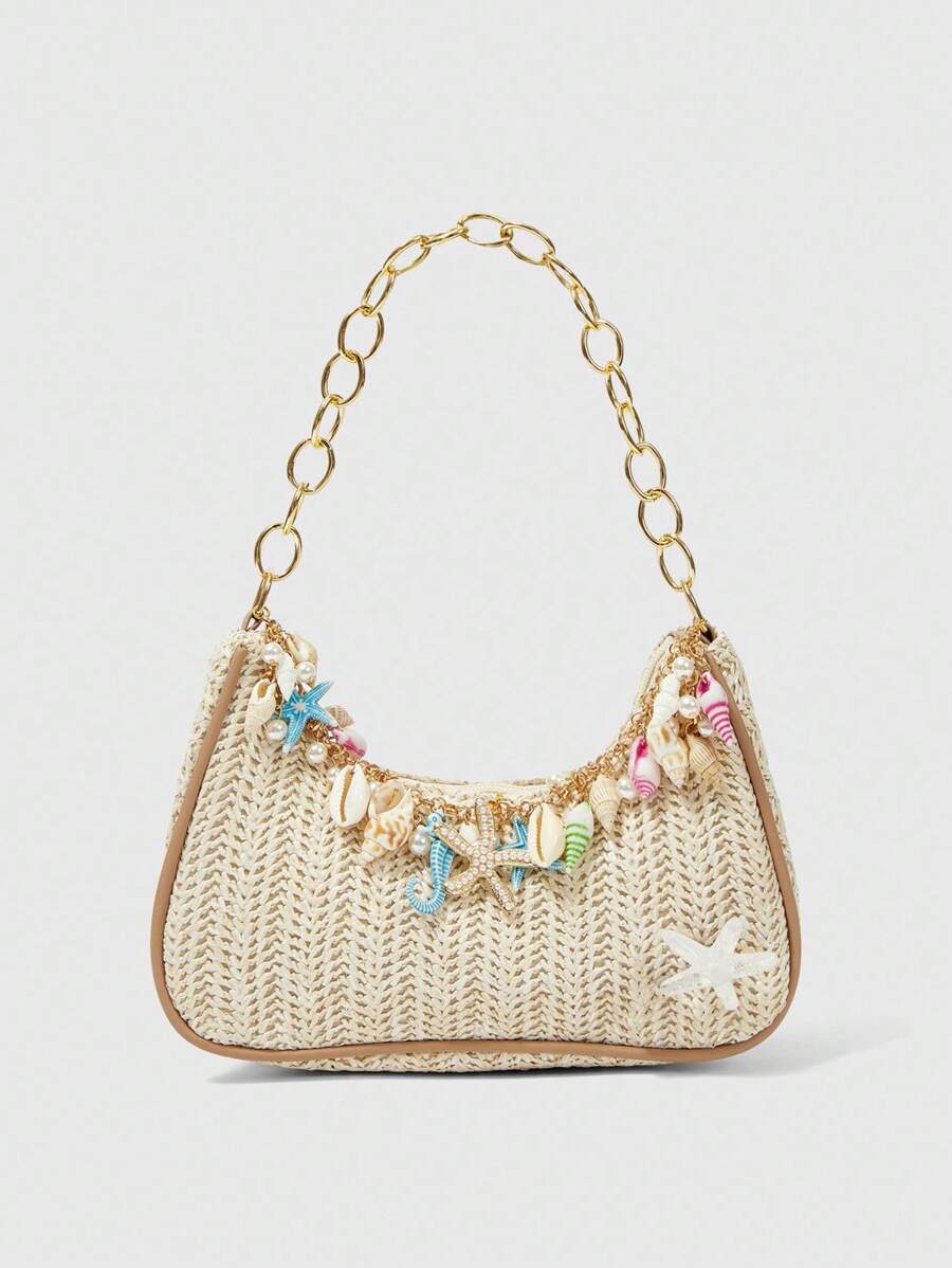 ROMWE Fairycore Summer Beach Starfish Series Woven Shoulder Bag