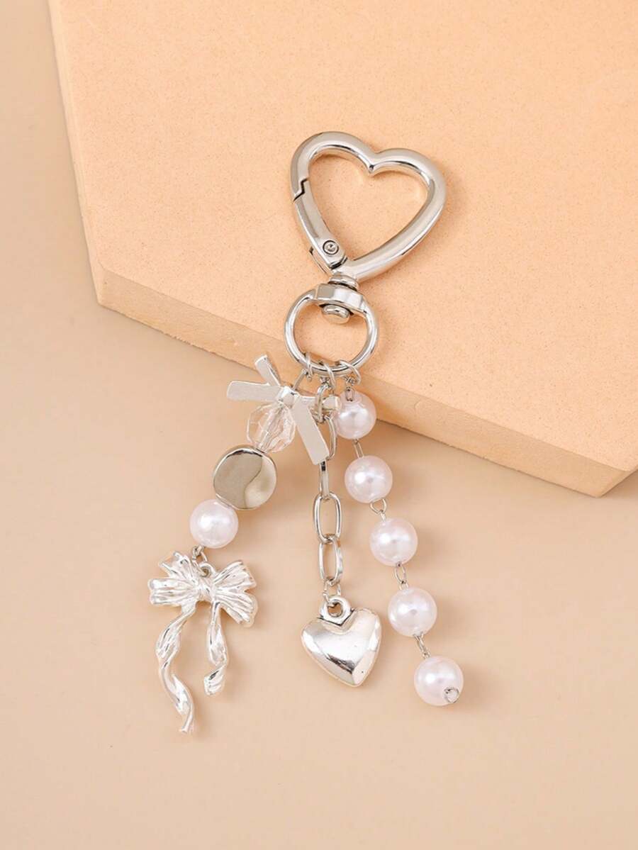 Unisex Faux Pearl Bow Keychain