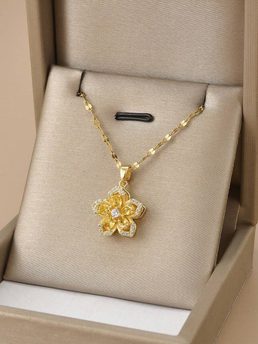 1pc Stainless Steel 5-Petal Rotating Flower Necklace