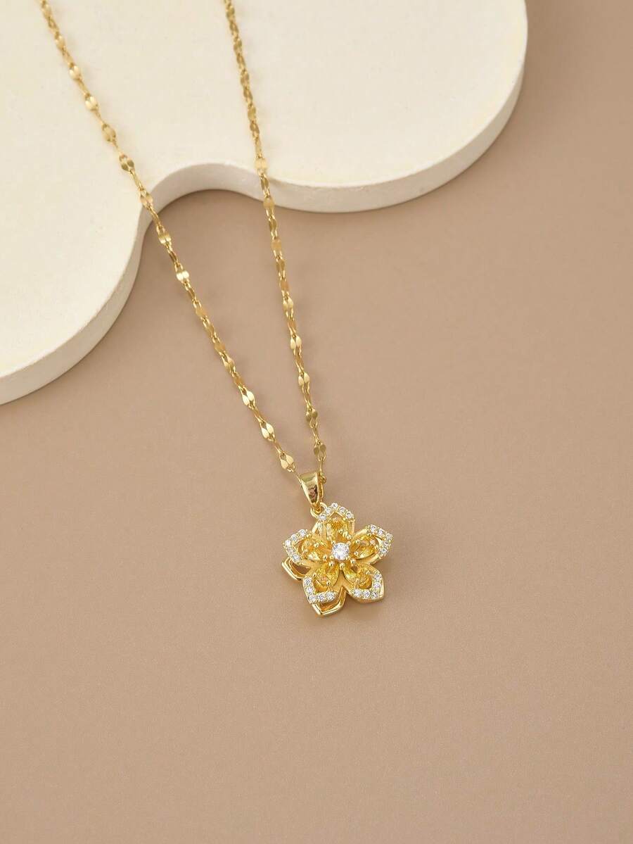 1pc Stainless Steel 5-Petal Rotating Flower Necklace