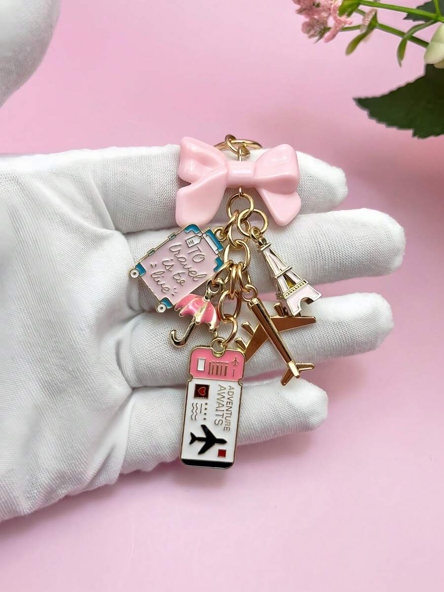 1pc Elegant Pink Bow Travel Keychain Pendant