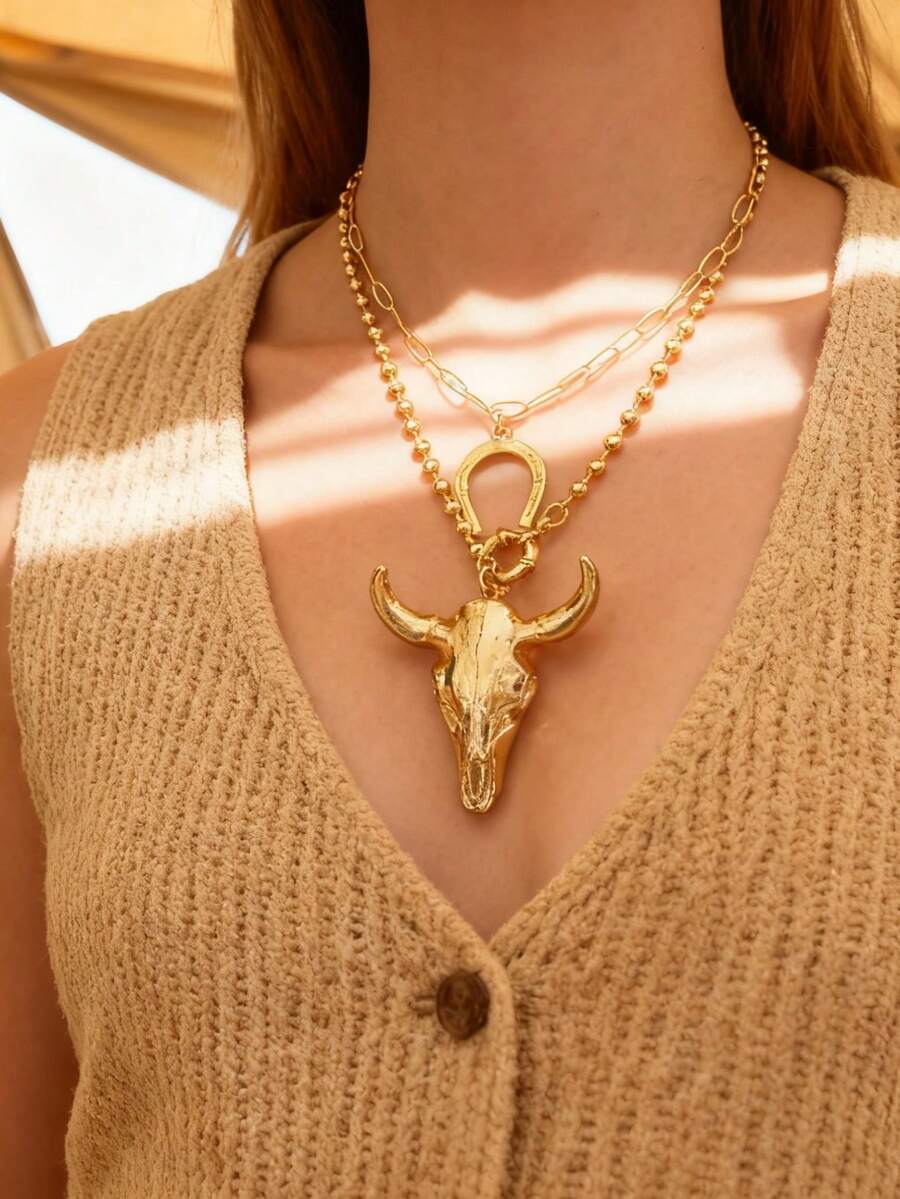Unique Western Style Gold Copper Bead Horse Hoof Alloy Skull Bull Head Necklace