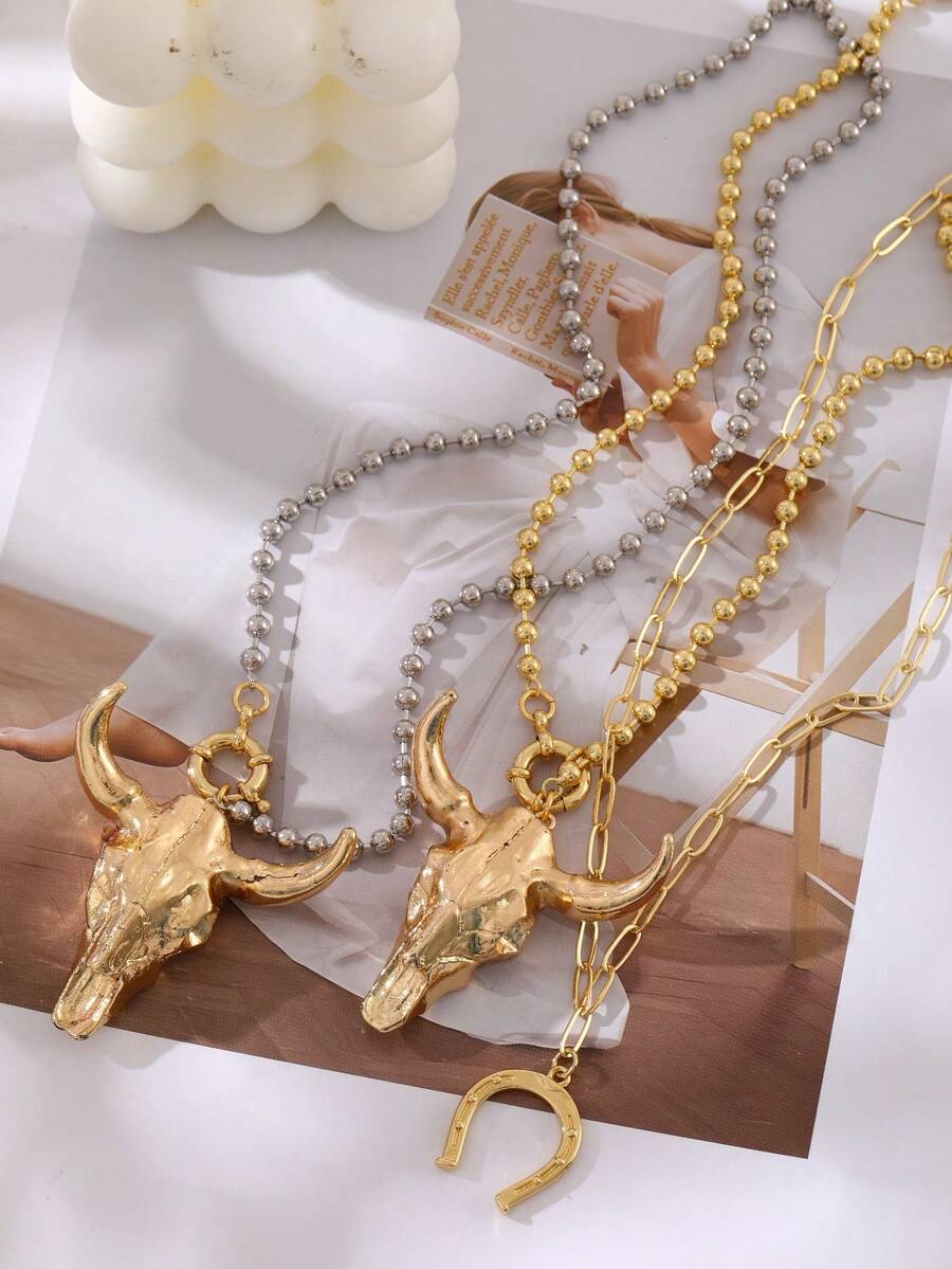 Unique Western Style Gold Copper Bead Horse Hoof Alloy Skull Bull Head Necklace