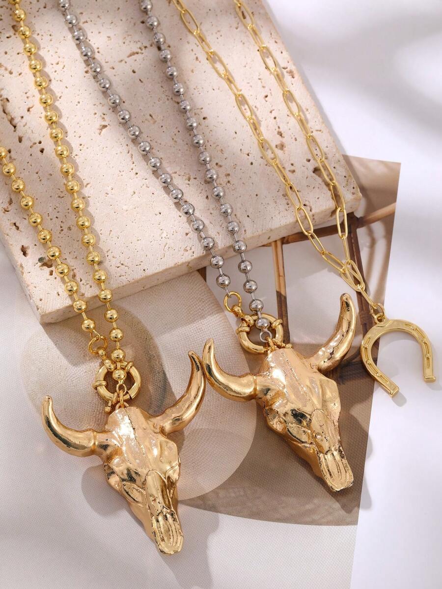 Unique Western Style Gold Copper Bead Horse Hoof Alloy Skull Bull Head Necklace