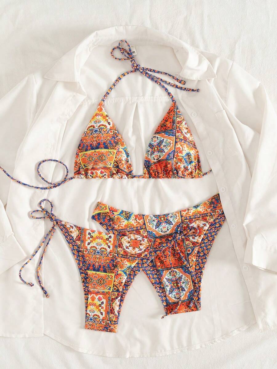 Swim Vcay Women's 3-Piece Set Blue And Orange Tie-Dye Bikini Swimwear