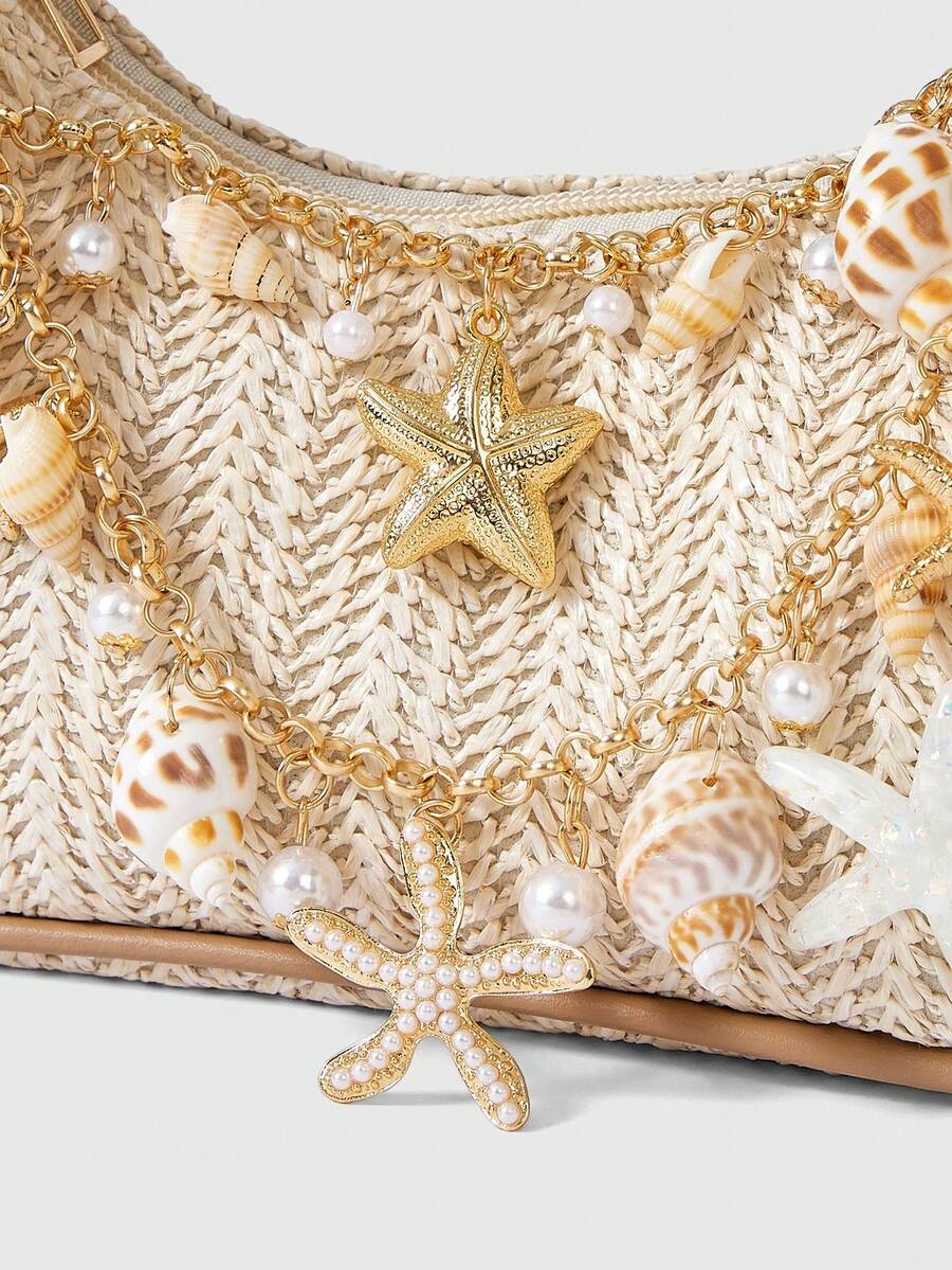 ROMWE Fairycore Summer Beach Starfish Series Woven Shoulder Bag
