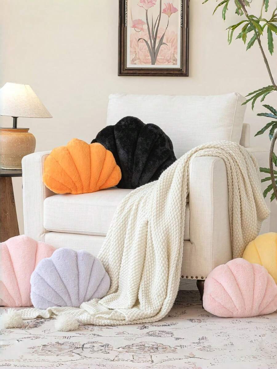 Soft Faux Fur Decorated Seashell Shaped Decorative Pillow