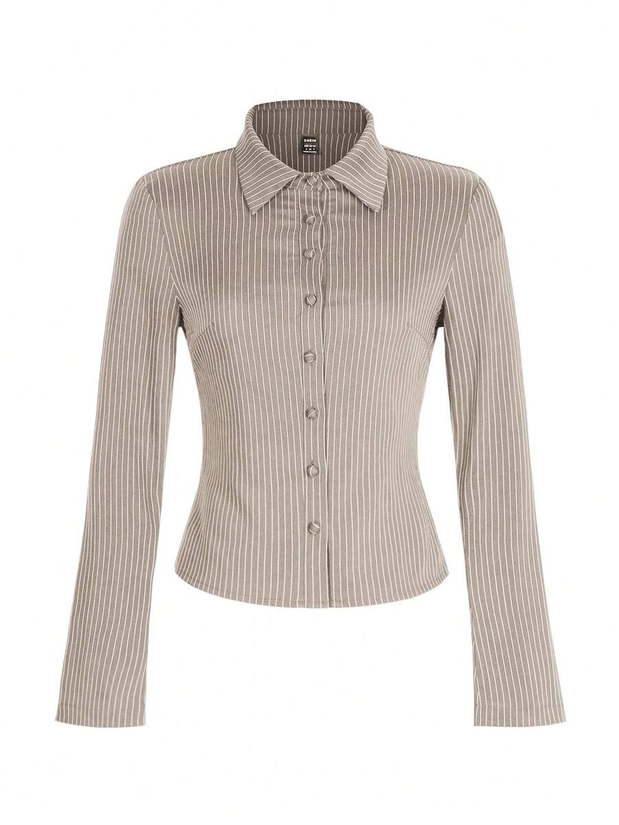 Women Striped Long Sleeve Work Shirt