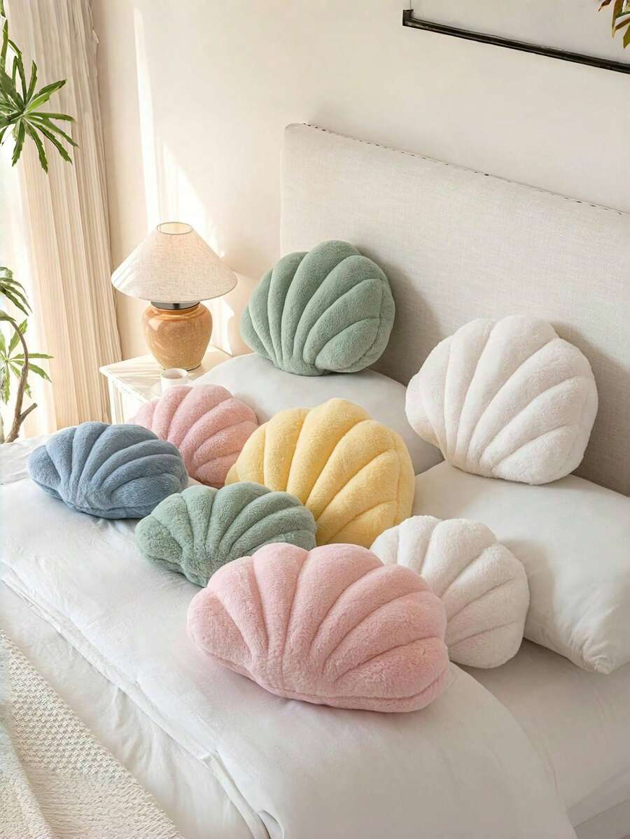 Soft Faux Fur Decorated Seashell Shaped Decorative Pillow