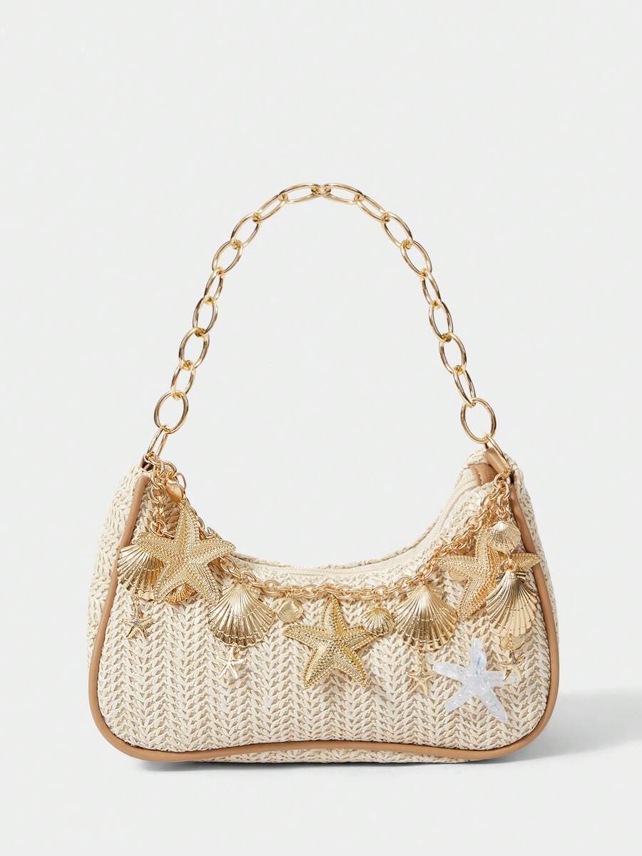 ROMWE Fairycore Summer Beach Starfish Series Woven Shoulder Bag