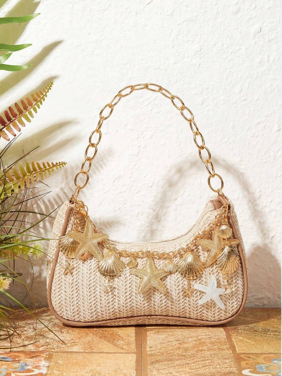 ROMWE Fairycore Summer Beach Starfish Series Woven Shoulder Bag