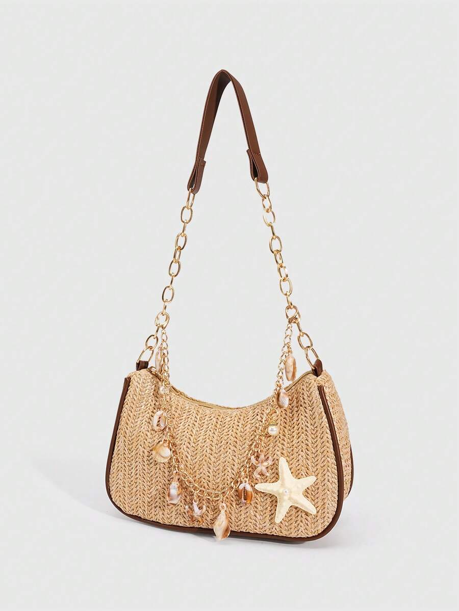 ROMWE Fairycore Resort Style Starfish Shell Decor Straw Bag