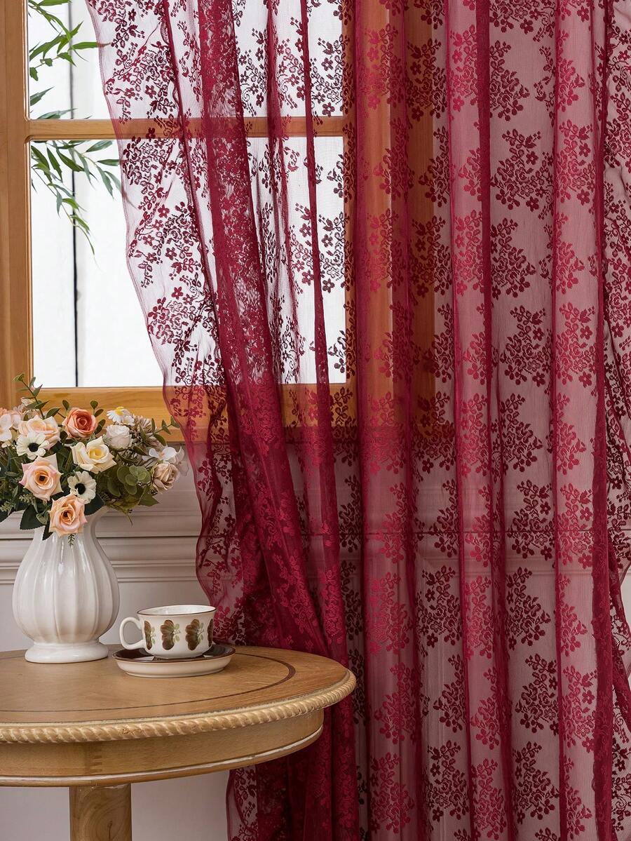 French Countryside Floral Lace Trim Curtain Sheer For Living Room