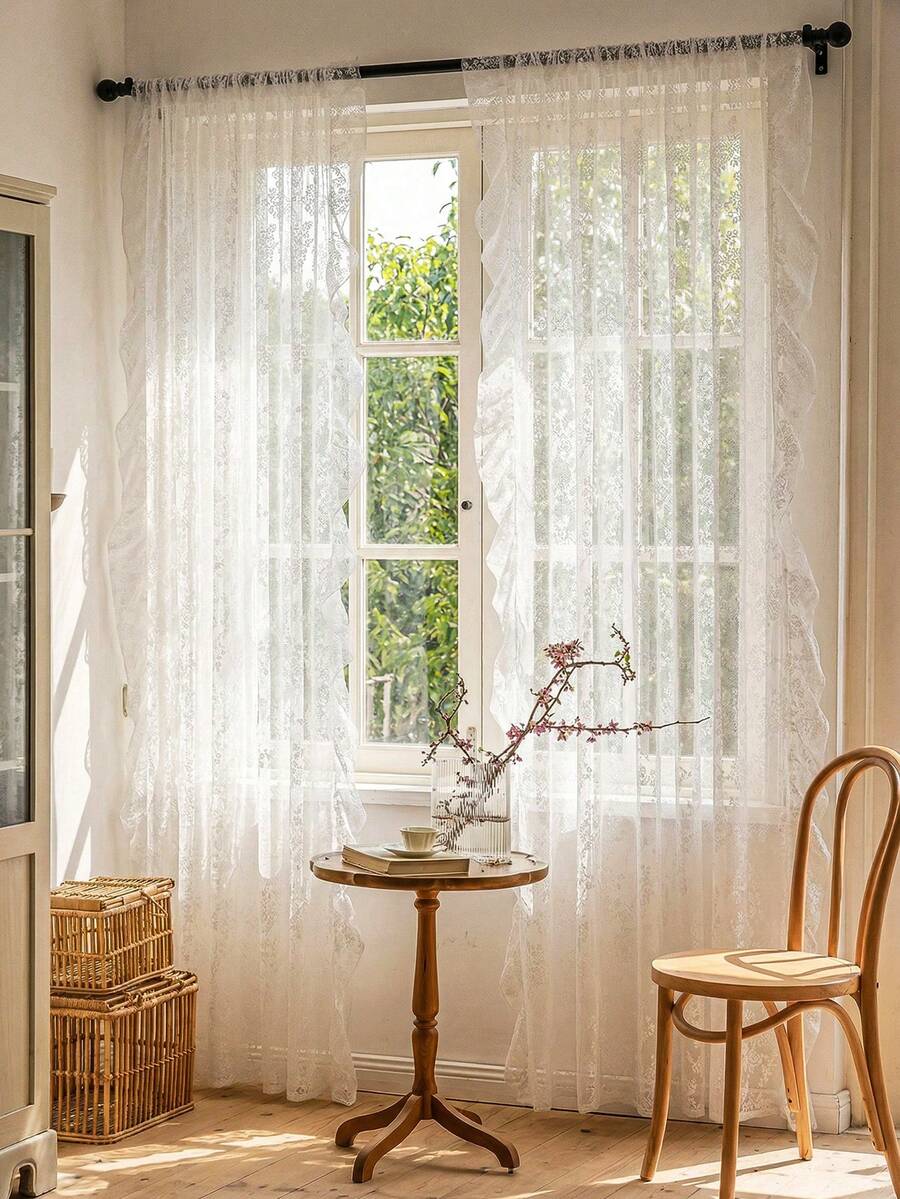 French Countryside Floral Lace Trim Curtain Sheer For Living Room