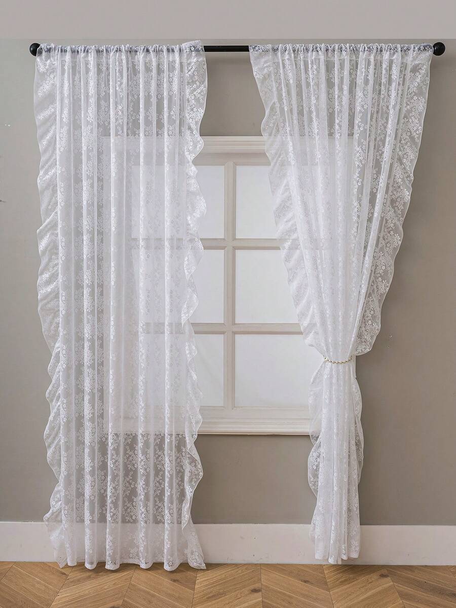 French Countryside Floral Lace Trim Curtain Sheer For Living Room