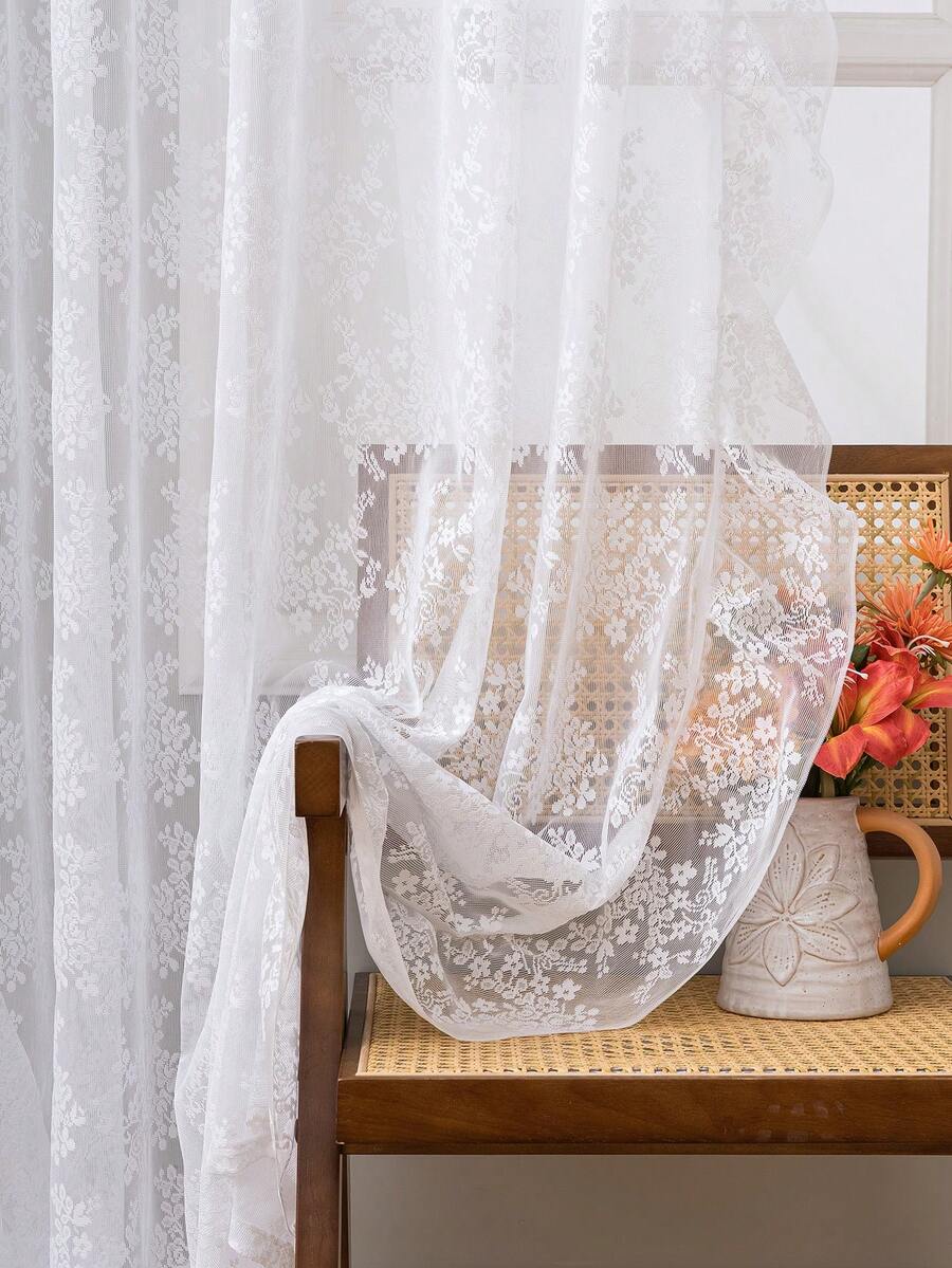 French Countryside Floral Lace Trim Curtain Sheer For Living Room
