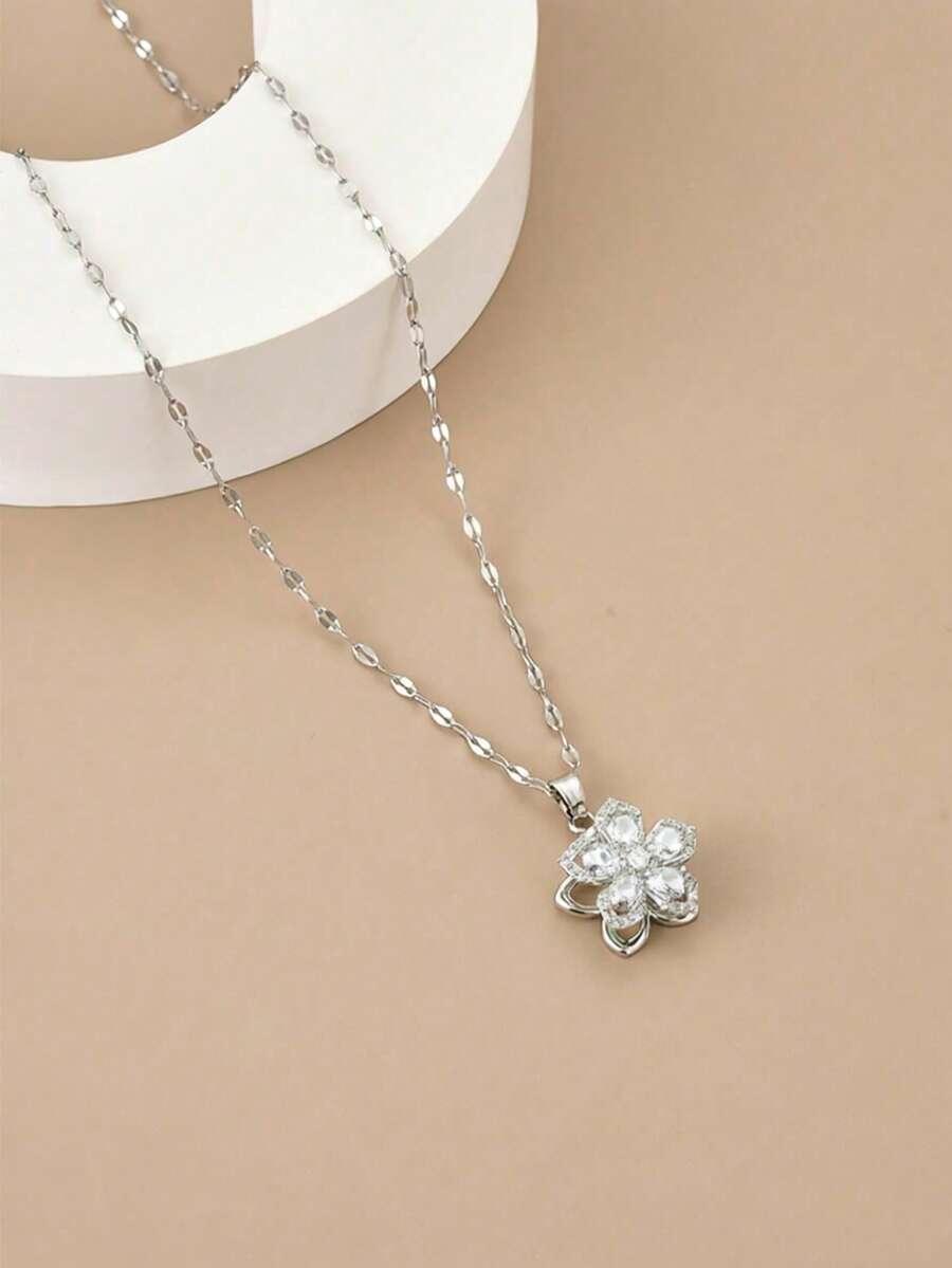1pc Stainless Steel 5-Petal Rotating Flower Necklace
