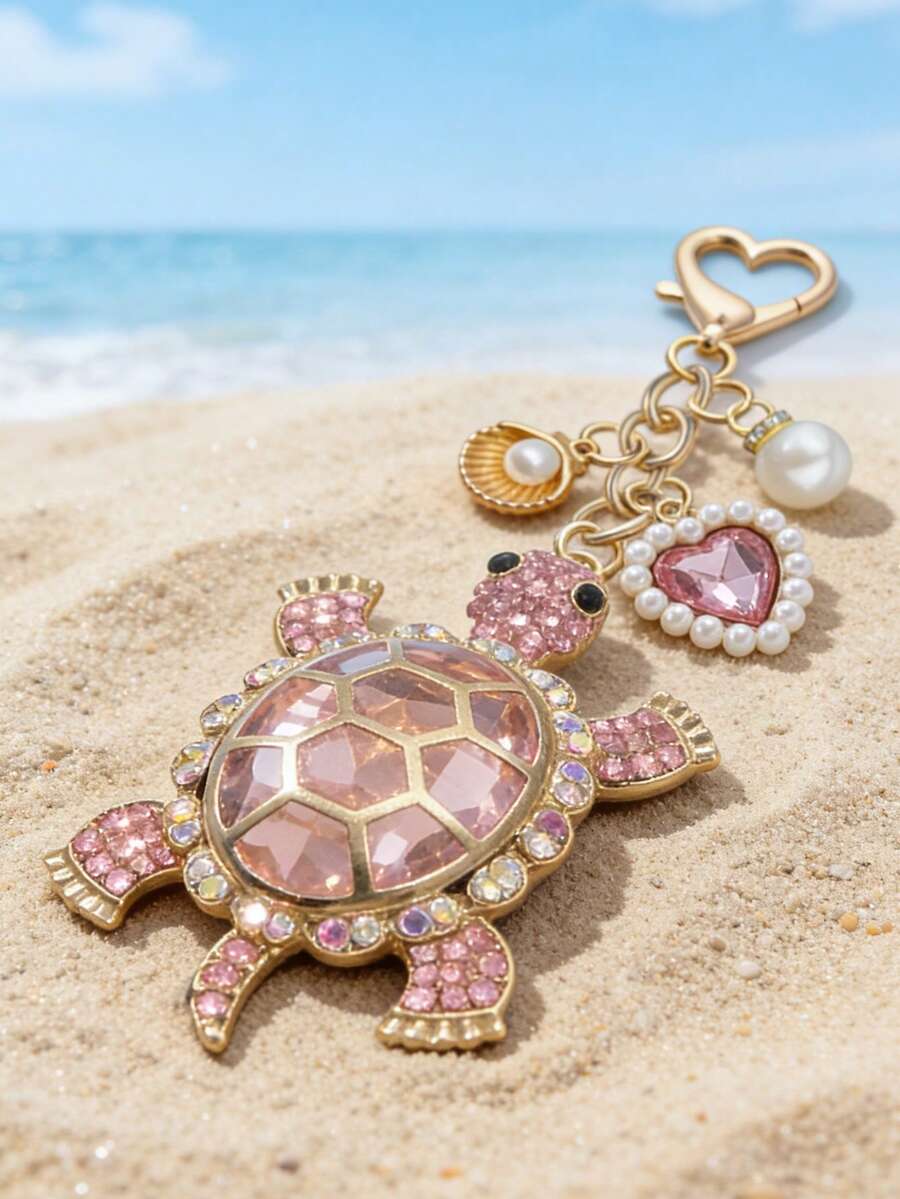 Zinc Alloy Turtle Pendant Keychain With Pearl