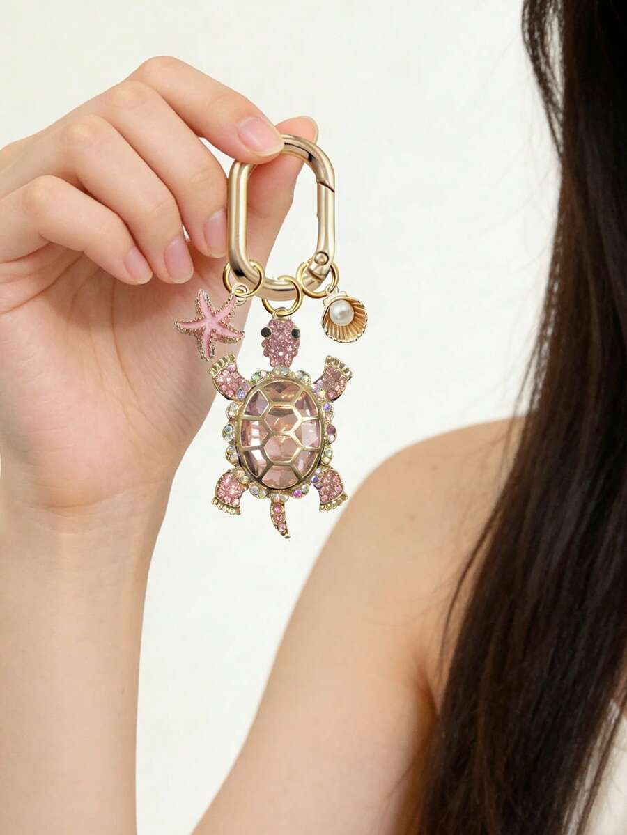 Zinc Alloy Turtle Pendant Keychain With Pearl