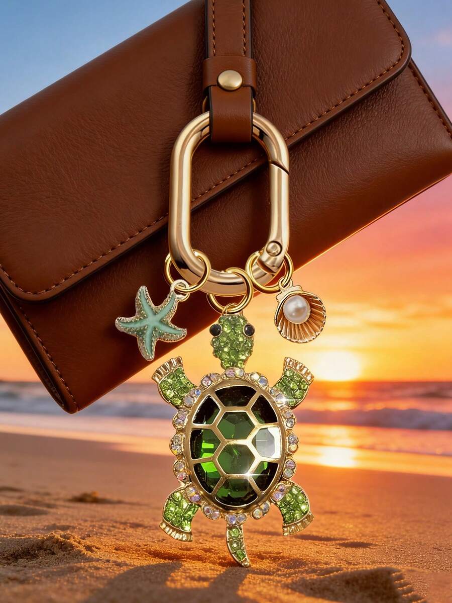 Zinc Alloy Turtle Pendant Keychain With Pearl
