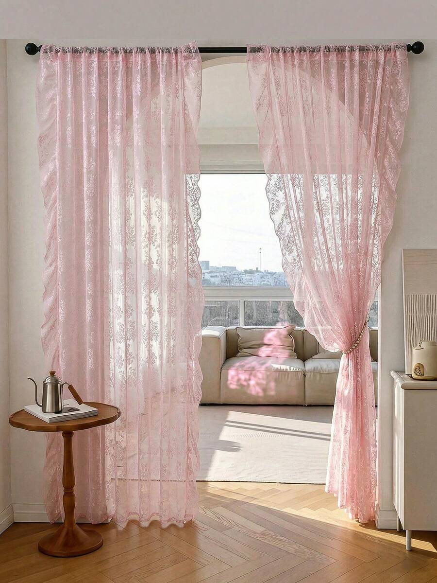 French Countryside Floral Lace Trim Curtain Sheer For Living Room