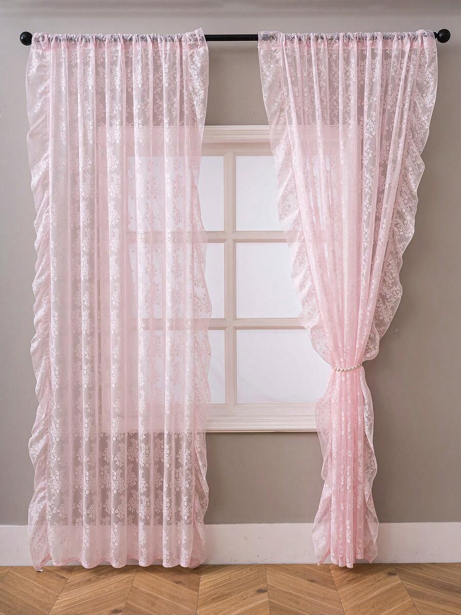 French Countryside Floral Lace Trim Curtain Sheer For Living Room